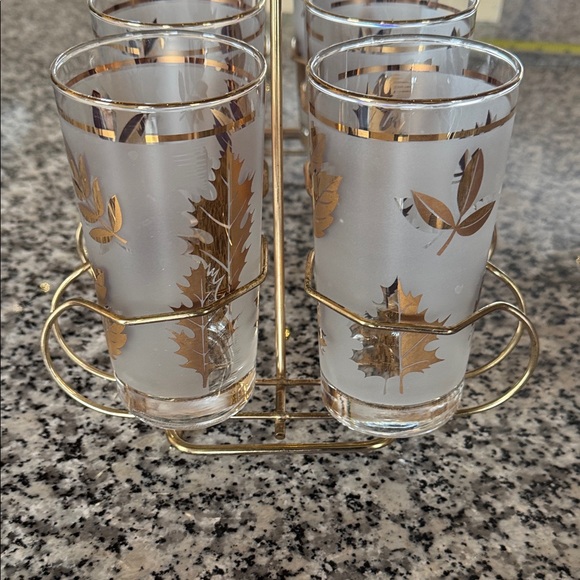 Libbey Gold Leaf 8 Glass Set with Holder Vintage - Picture 5 of 13